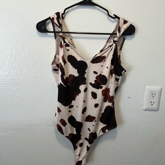 Altar'd State Cream and Brown Cow-Print Tie-Shoulder Bodysuit - Picture 2 of 8